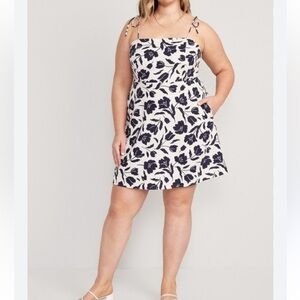 Old Navy Black and White casual chic floral patterned linen blend short dress 3x